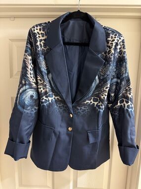 Women's Blue Printed Satin Blazer with Gold Buttons